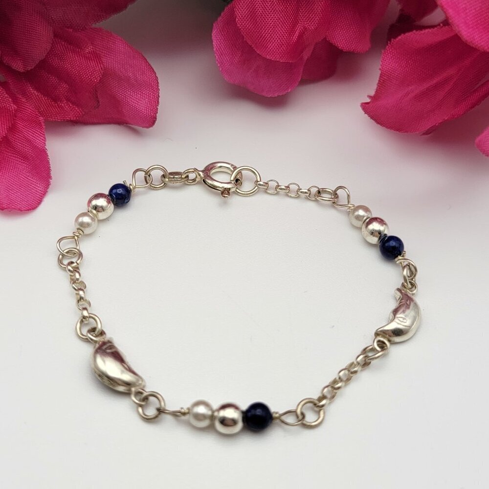 Vtg. Blue & White Faux Pearl Bead Sterling Silver Moon Charm Chain Bracelet 6.5"